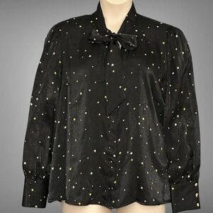 Investments WomensTop XL Black Satin Gold Star Print Tie Office Whimsigoth Fairy